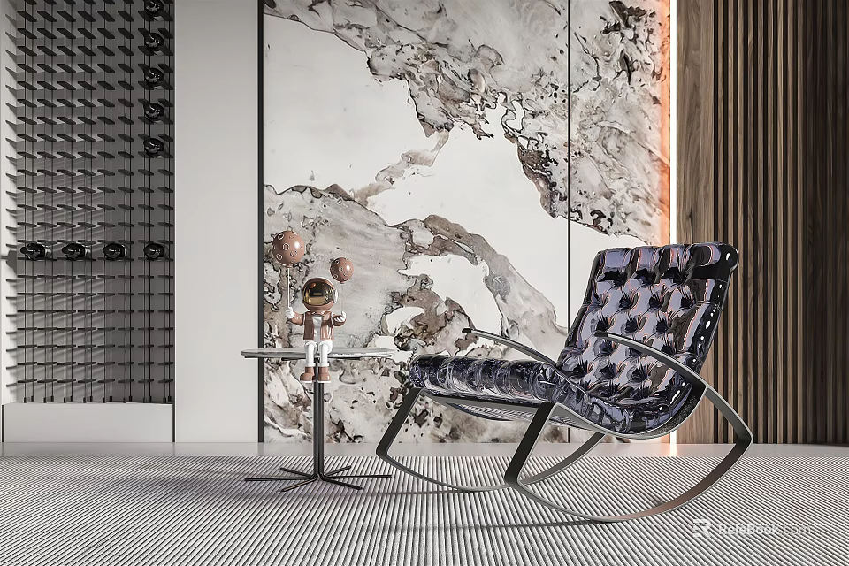 Stylish Patterned Fabric Rocking Chair With Metal Frame In Modern Interior With Artistic Marble Wall 3d model 