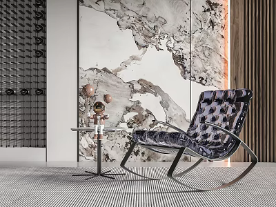 Stylish Patterned Fabric Rocking Chair With Metal Frame In Modern Interior With Artistic Marble Wall 3d model