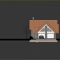Cartoon House Scene with Red Roof Small Trees and Black Car in Yard