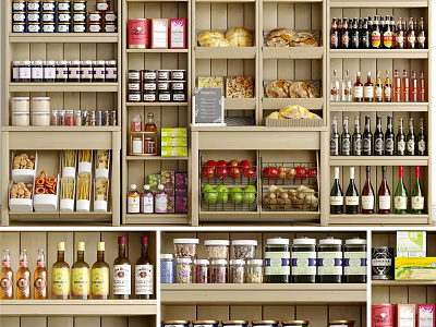 Retail Display Shelves Well Stocked With Food Items Beverages Canned Goods And Bottled Products 3d model