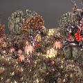 Exotic Garden Landscape With Twisted Tree Trunks Vibrant Red Blooms And Colored Foliage