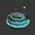 Creative 3D Artwork Featuring Blue Wave Base Small Boat Red Cross And Yellow Sphere