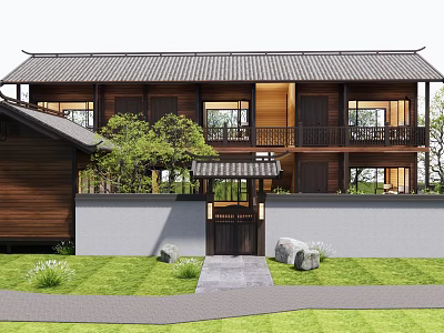 Traditional Detached Villa with Tile Roof Wooden Exterior Courtyard Lawn and Stone Path 3d model