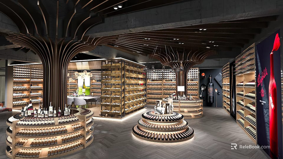 Modern Wine Specialty Store With Circular Display Stands And Wooden Wine Racks 3d model 