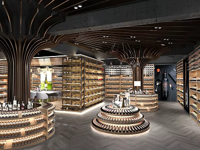 Modern Wine Specialty Store With Circular Display Stands And Wooden Wine Racks 3d model