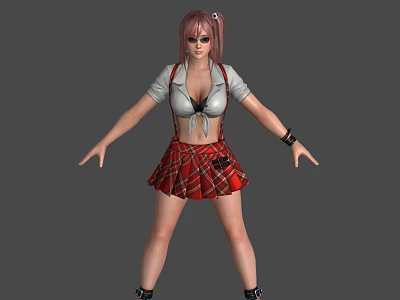 A Woman with Pink Hair Pigtails Glasses White Top Red Plaid Suspender Skirt Black Bracelets 3d model