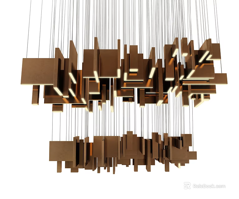 Modern Geometric Chandelier with Hanging Brown Square Blocks and Warm Lighting Effect for Contemporary Spaces 3d model 