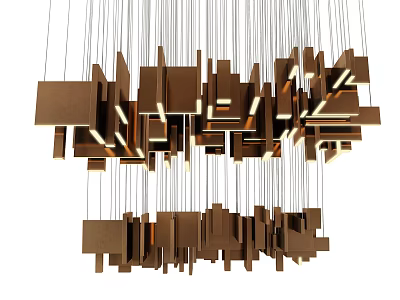 Modern Geometric Chandelier with Hanging Brown Square Blocks and Warm Lighting Effect for Contemporary Spaces 3d model