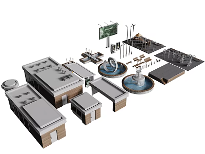 Diverse Building Components Featuring Roof Structures Water Features And Signage Elements 3d model