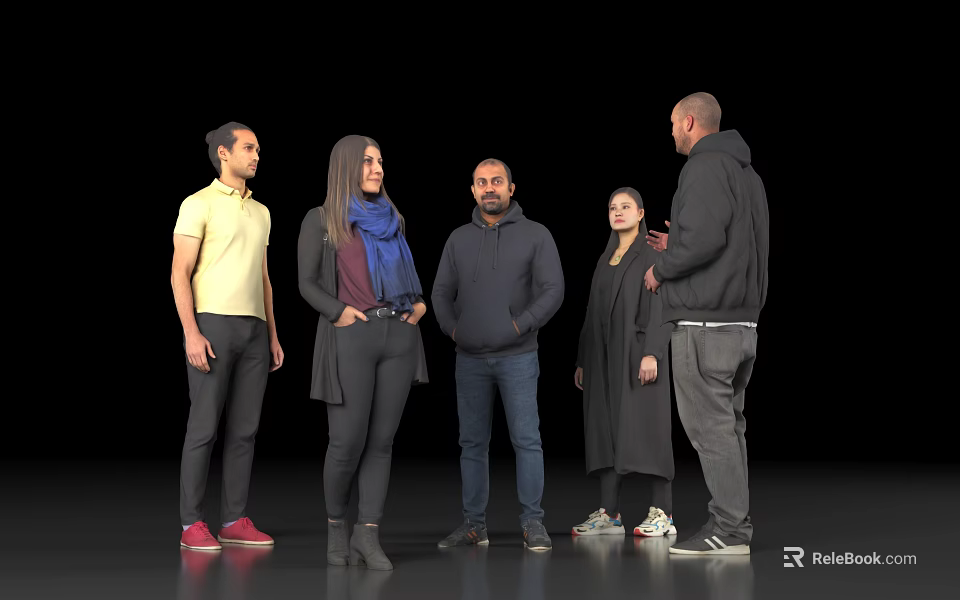 Group of people standing together casually talking against black background with various outfits 3d model 