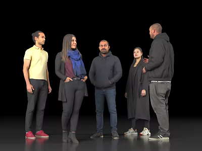 Group of people standing together casually talking against black background with various outfits 3d model