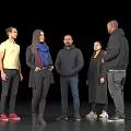 Group of people standing together casually talking against black background with various outfits