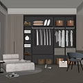 Modern Walk in Closet Interior with Hanging Clothes Storage Boxes and Chair