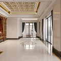 Luxurious Hotel Lobby Interior With Ornate Ceiling Wooden Backdrop And Marble Floor Inlaid Pattern