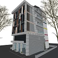 Modern High Rise Office Building with Glass Curtain Wall Surrounded by Trees Under Blue Sky