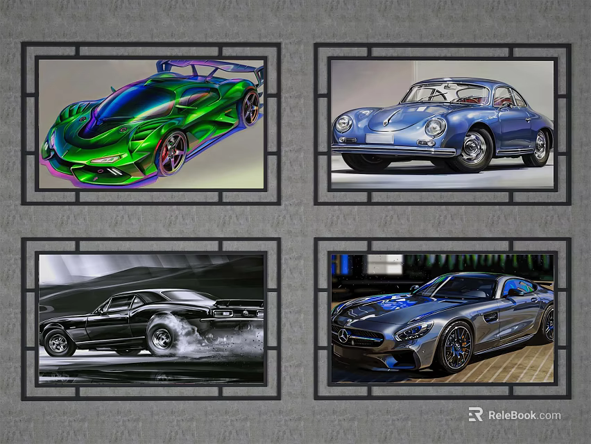 Four Framed Sports Car Images Featuring Vintage And Modern Models 3d model 