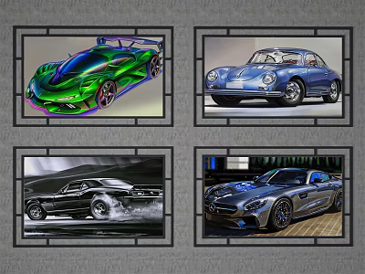 Four Framed Sports Car Images Featuring Vintage And Modern Models 3d model