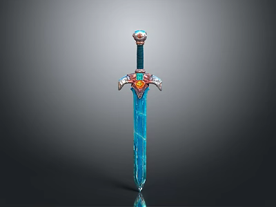 Fantasy Sword Weapon with Blue Blade Ornate Hilt and Gemstone Decoration 3d model