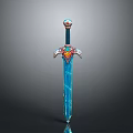 Fantasy Sword Weapon with Blue Blade Ornate Hilt and Gemstone Decoration