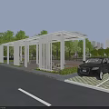 Modern White Pergola With Lattice Structure Near Parking Lot And Green Trees
