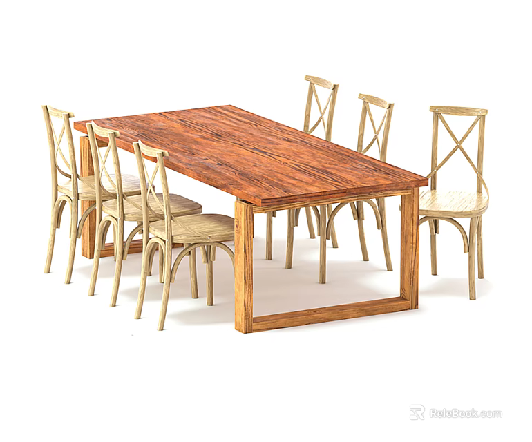 Solid Wood Rectangular Dining Table Set With Six Cross Back Chairs 3d model 