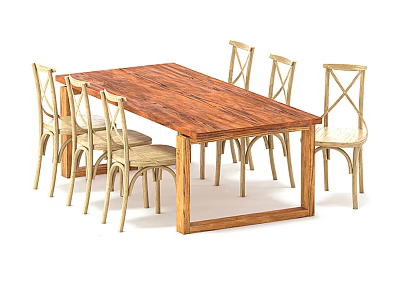 Solid Wood Rectangular Dining Table Set With Six Cross Back Chairs 3d model
