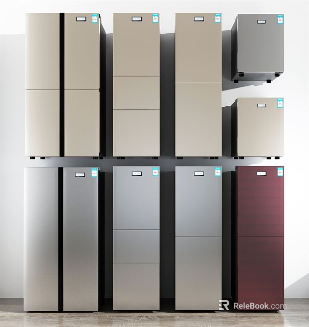 Modern Refrigerators And Freezers With Various Colors Sleek Designs For Home Kitchen 3d model 