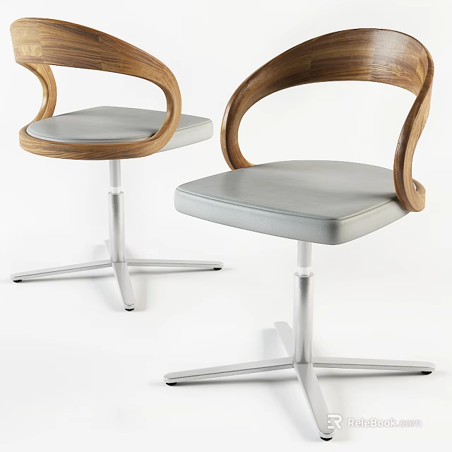 Modern Office Chair With Wooden Curved Backrest Gray Padded Seat And Silver Metal Base 3d model 