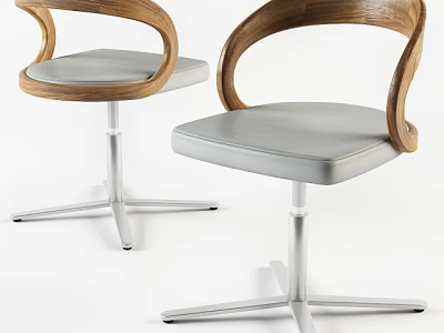 Modern Office Chair With Wooden Curved Backrest Gray Padded Seat And Silver Metal Base 3d model