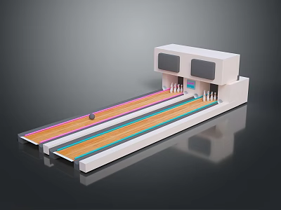 Modern Bowling Lane Equipment Featuring Colored Lanes Ball Pins And Score Screen 3d model