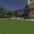 Large Outdoor Canopy With Black Metal Frame Transparent Roof Over Green Lawn And Lush Trees