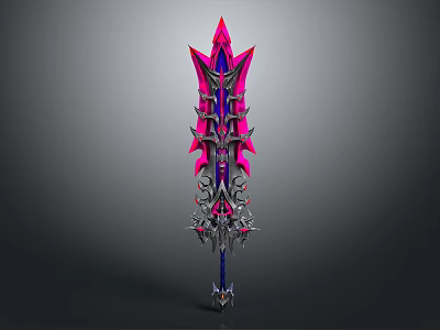 3D Model of Decorative Spear with Pink and Purple Intricate Spiked Design 3d model