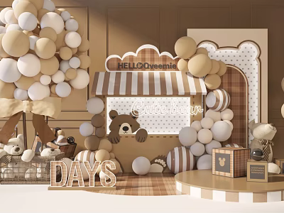 Festive Party Setup With Balloon Decorations HELLO DREAMS Arch And Teddy Bear 3d model