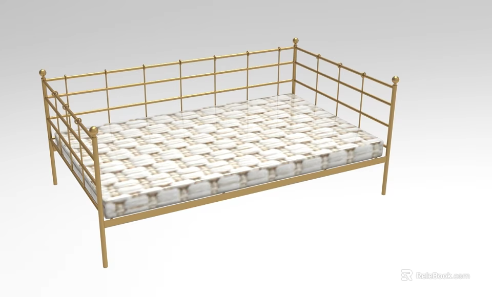 Modern Double Bed with Golden Metal Railing Frame and White Geometric Pattern Mattress 3d model 