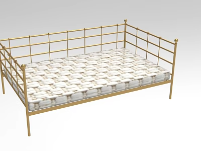 Modern Double Bed with Golden Metal Railing Frame and White Geometric Pattern Mattress 3d model