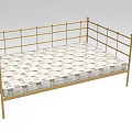 Modern Double Bed with Golden Metal Railing Frame and White Geometric Pattern Mattress