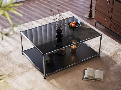 Modern Coffee Table with Glass Top Metal Frame and Decorative Vase Fruit Bowl Candle Open Book 3d model