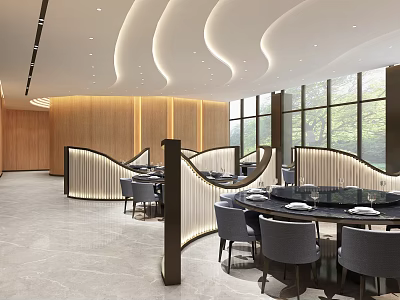 Modern Restaurant Interior With Wooden Walls Curved Partitions Round Tables And Gray Chairs 3d model