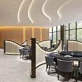 Modern Restaurant Interior With Wooden Walls Curved Partitions Round Tables And Gray Chairs