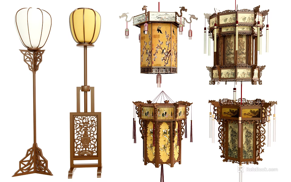 Traditional Chinese Outdoor Lights With Lantern Style Wooden Carving And Ornate Design 3d model 