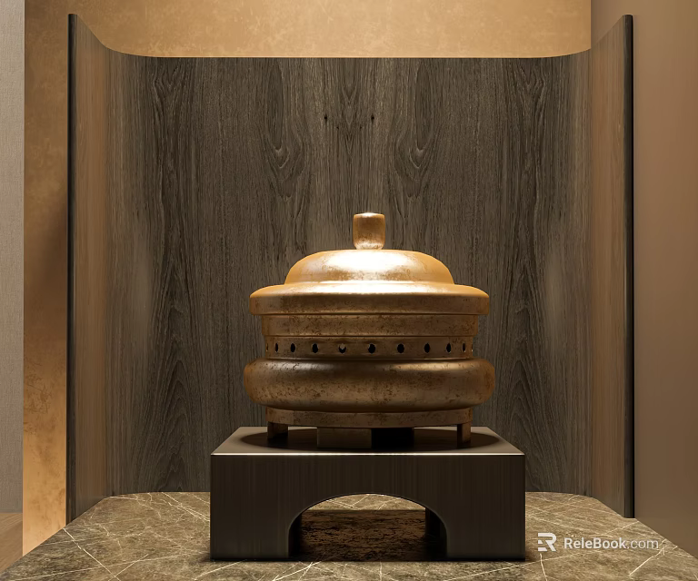 Elegant Decorative Ornament Set With Golden Lid Container On Black Base And Wooden Background 3d model 