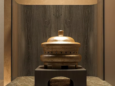 Elegant Decorative Ornament Set With Golden Lid Container On Black Base And Wooden Background 3d model
