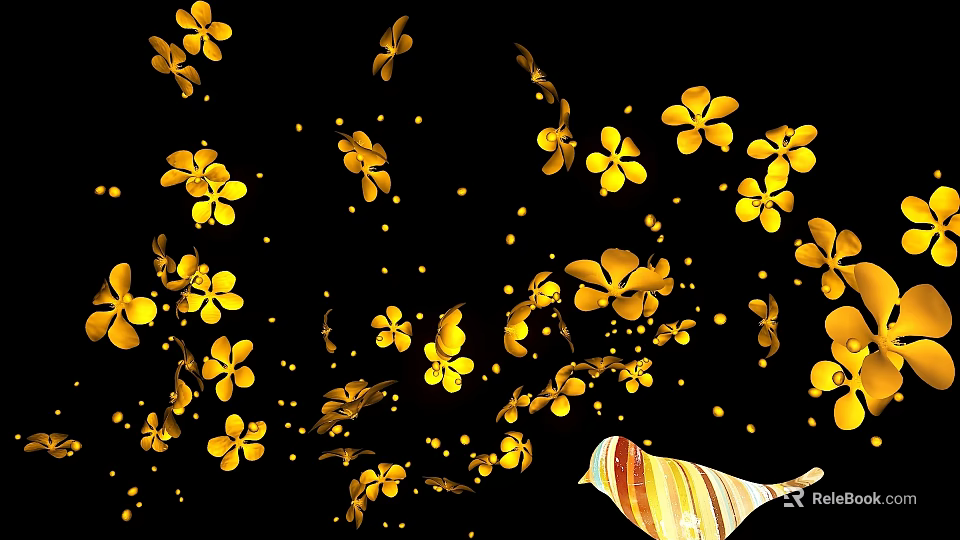Colorful Striped Bird Shaped Decorative Light With Yellow Flowers And Golden Butterflies On Black Background 3d model 