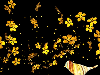 Colorful Striped Bird Shaped Decorative Light With Yellow Flowers And Golden Butterflies On Black Background 3d model