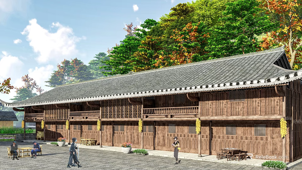 Traditional Wooden Ancient Architecture With Tile Roof Surrounded By Green Trees And Courtyard 3d model 