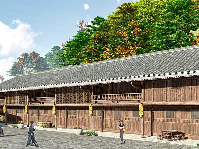 Traditional Wooden Ancient Architecture With Tile Roof Surrounded By Green Trees And Courtyard 3d model