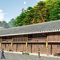 Traditional Wooden Ancient Architecture With Tile Roof Surrounded By Green Trees And Courtyard