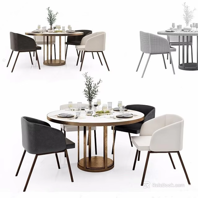 Modern Round Dining Table Set With Multi Colored Chairs And Tableware Decorative Plant 3d model
