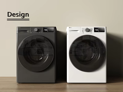 Modern Design Black and White Washing Machines Side by Side on Wooden Surface 3d model
