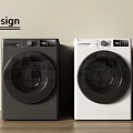 Modern Design Black and White Washing Machines Side by Side on Wooden Surface